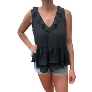 ZARA Ruffled Lace Side Sleeveless Top with Tiered Peplum Hem Black XS